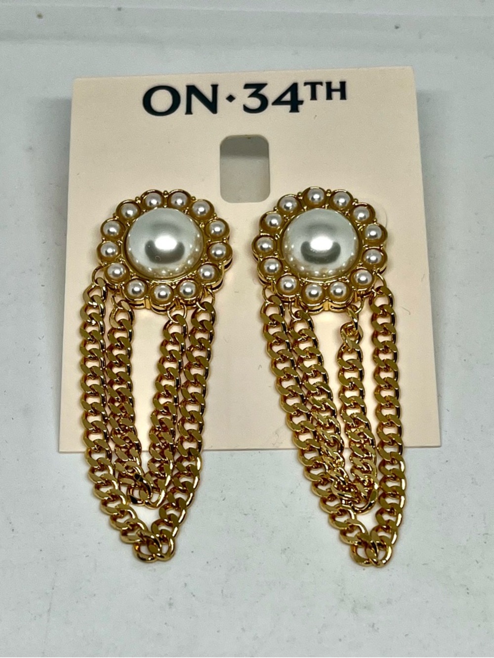 On 34th Gold Pearl Chain Drop Earrings NWT